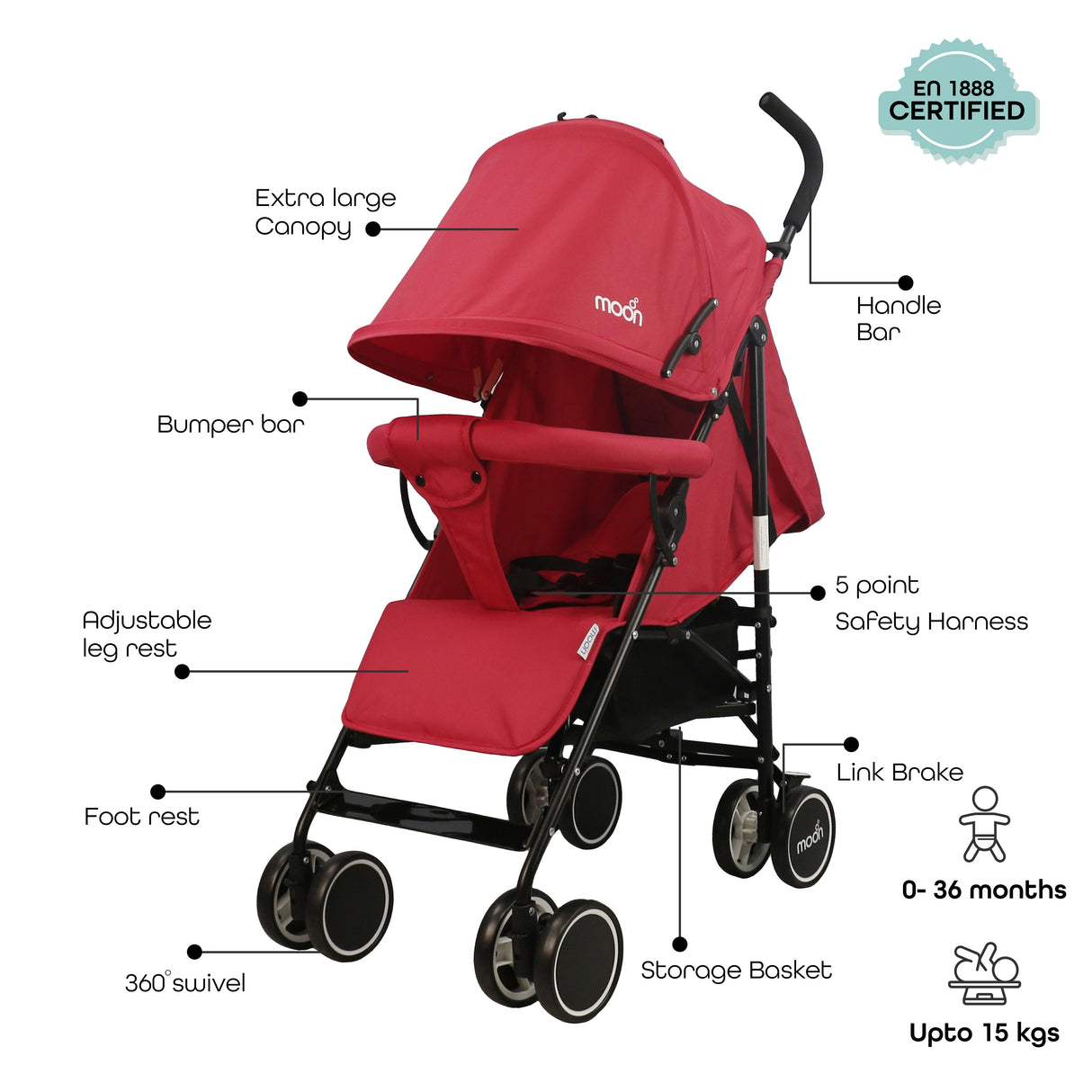 The Moon Brand™ Neo Plus Reis Buggy - Meerdere Zithoudingen - Comfortabele Handgrepen - Superlicht en Compact - Vuur Rood