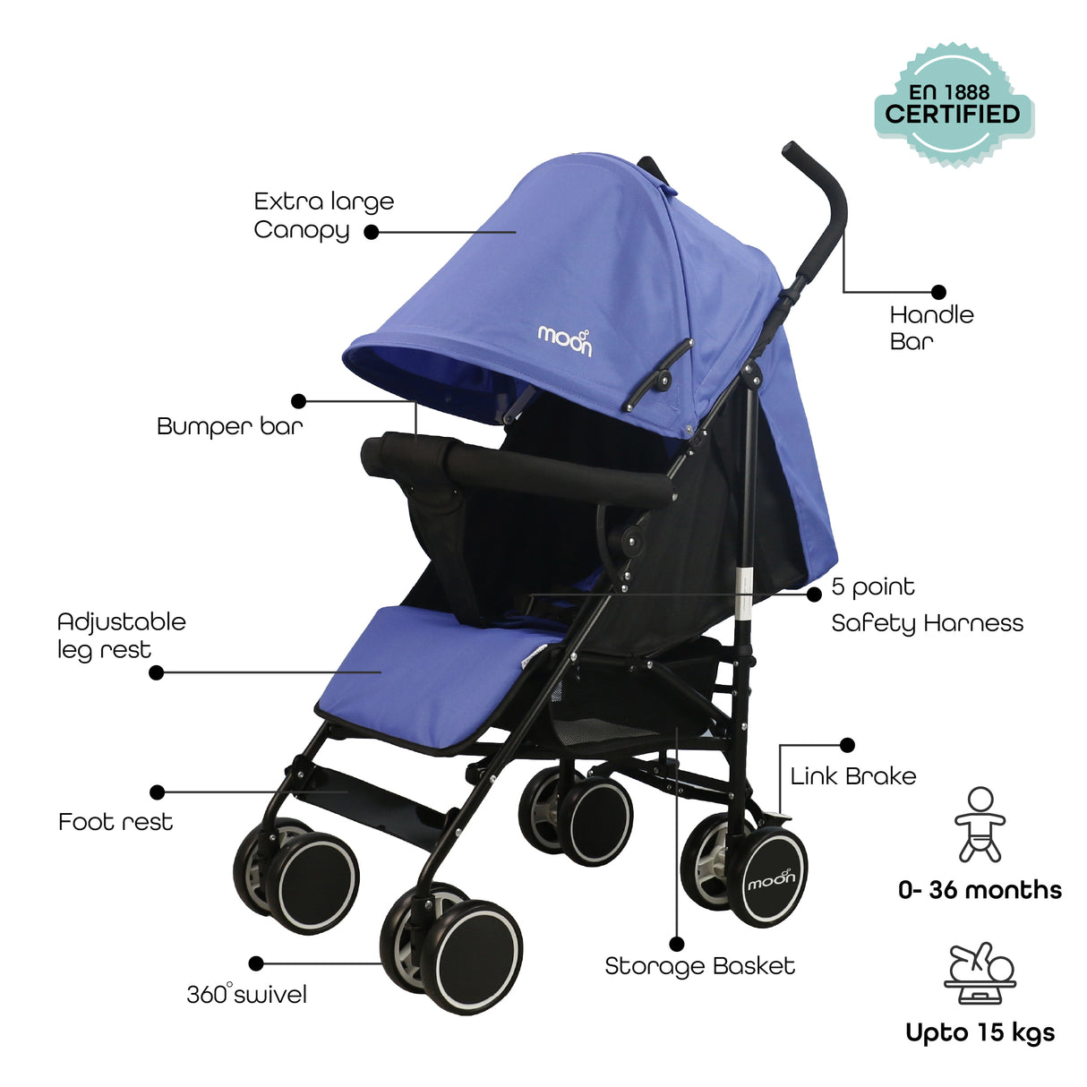 The Moon Brand™ Neo Plus Reis Buggy - Meerdere Zithoudingen - Comfortabele Handgrepen - Superlicht en Compact - Cyan Blue