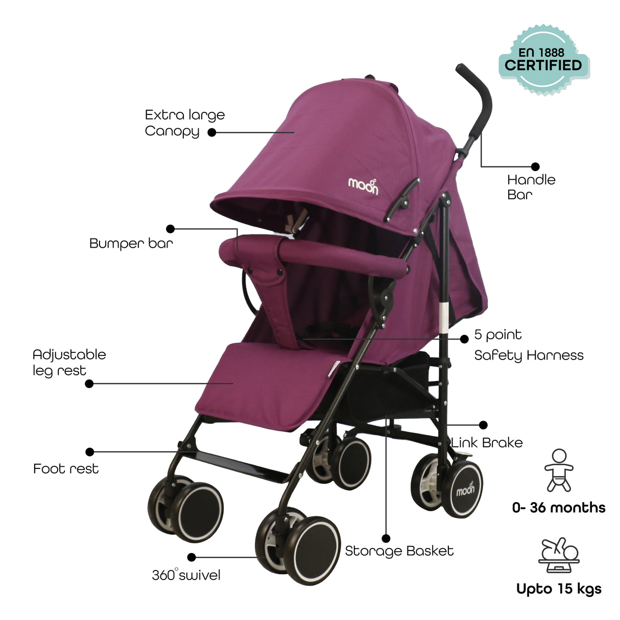 The Moon Brand™ Neo Plus Reis Buggy - Meerdere Zithoudingen - Comfortabele Handgrepen - Superlicht en Compact - Paars