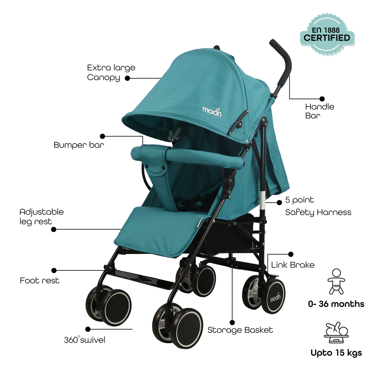 The Moon Brand™ Neo Plus Reis Buggy - Meerdere Zithoudingen - Comfortabele Handgrepen - Superlicht en Compact - Sea Blue