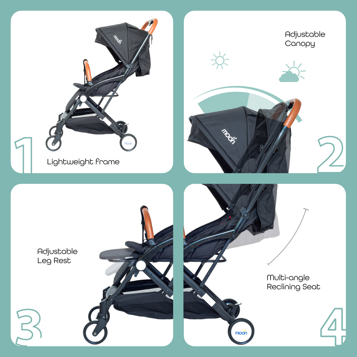 The Moon Brand Ritzi Cabin Stroller -Buggy - Inclusief Reistasje - Ultra-Compact en Automatisch Inklapbaar - Zwart