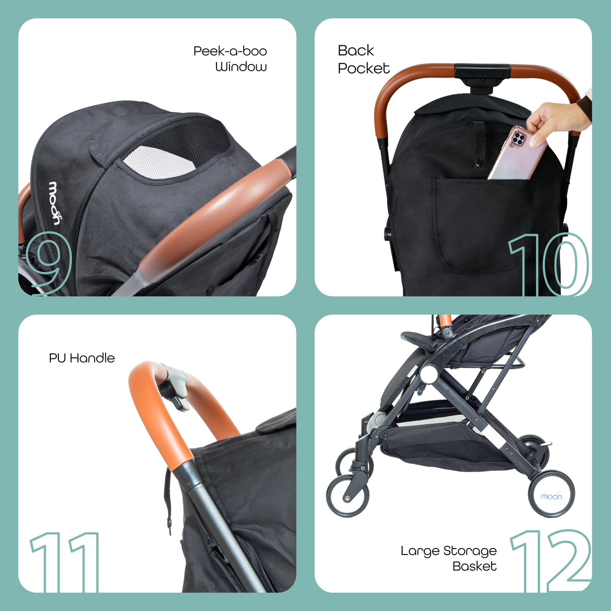 The Moon Brand Ritzi Cabin Stroller -Buggy - Inclusief Reistasje - Ultra-Compact en Automatisch Inklapbaar - Zwart
