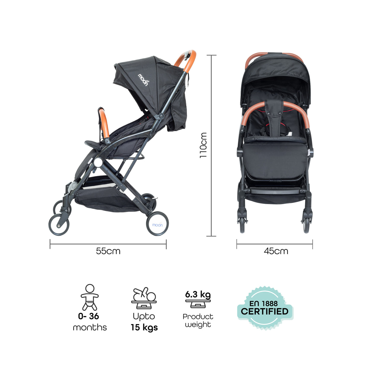 The Moon Brand Ritzi Cabin Stroller -Buggy - Inclusief Reistasje - Ultra-Compact en Automatisch Inklapbaar - Zwart