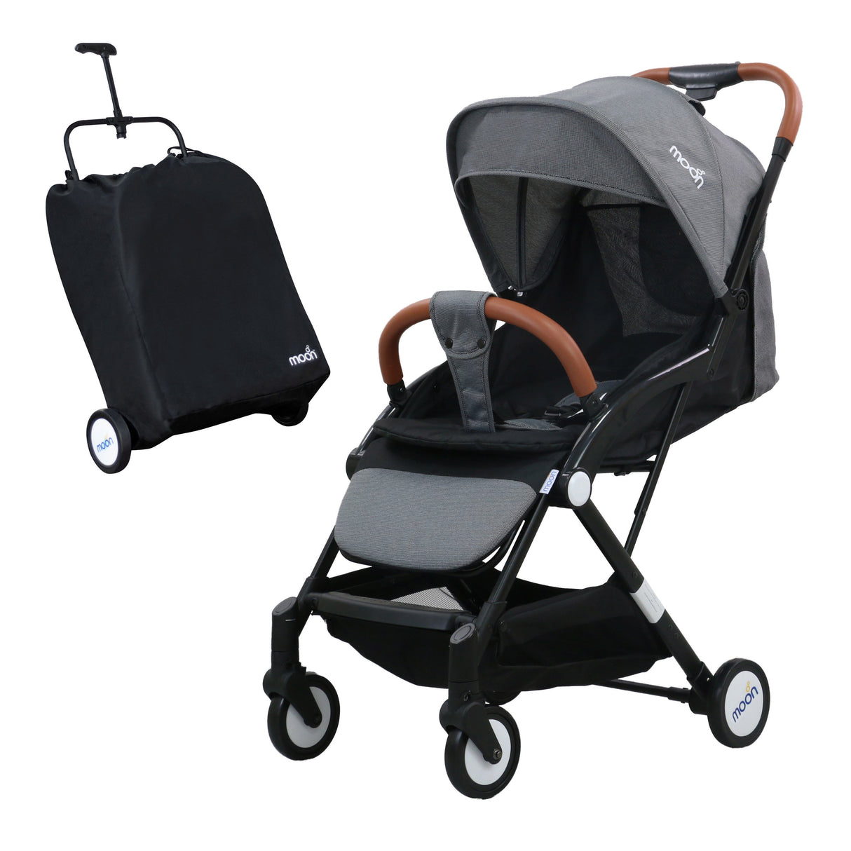 The Moon Brand Ritzi Cabin Stroller -Buggy - Inclusief Reistasje - Ultra-Compact en Automatisch Inklapbaar - Zwart / Grey Dots