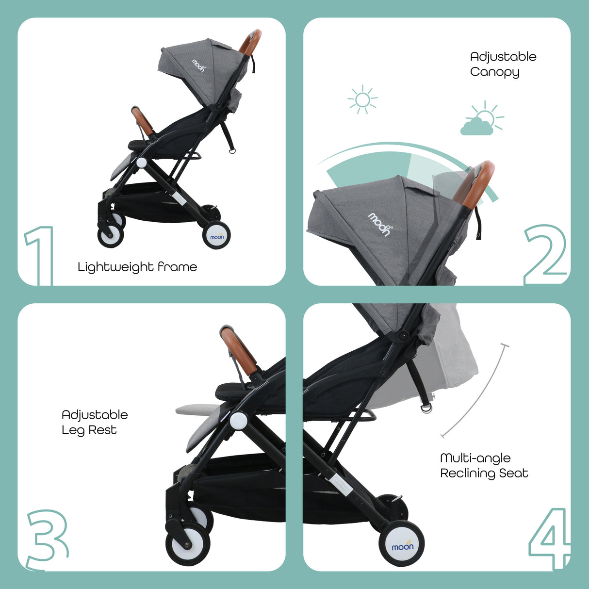 The Moon Brand Ritzi Cabin Stroller -Buggy - Inclusief Reistasje - Ultra-Compact en Automatisch Inklapbaar - Zwart / Grey Dots