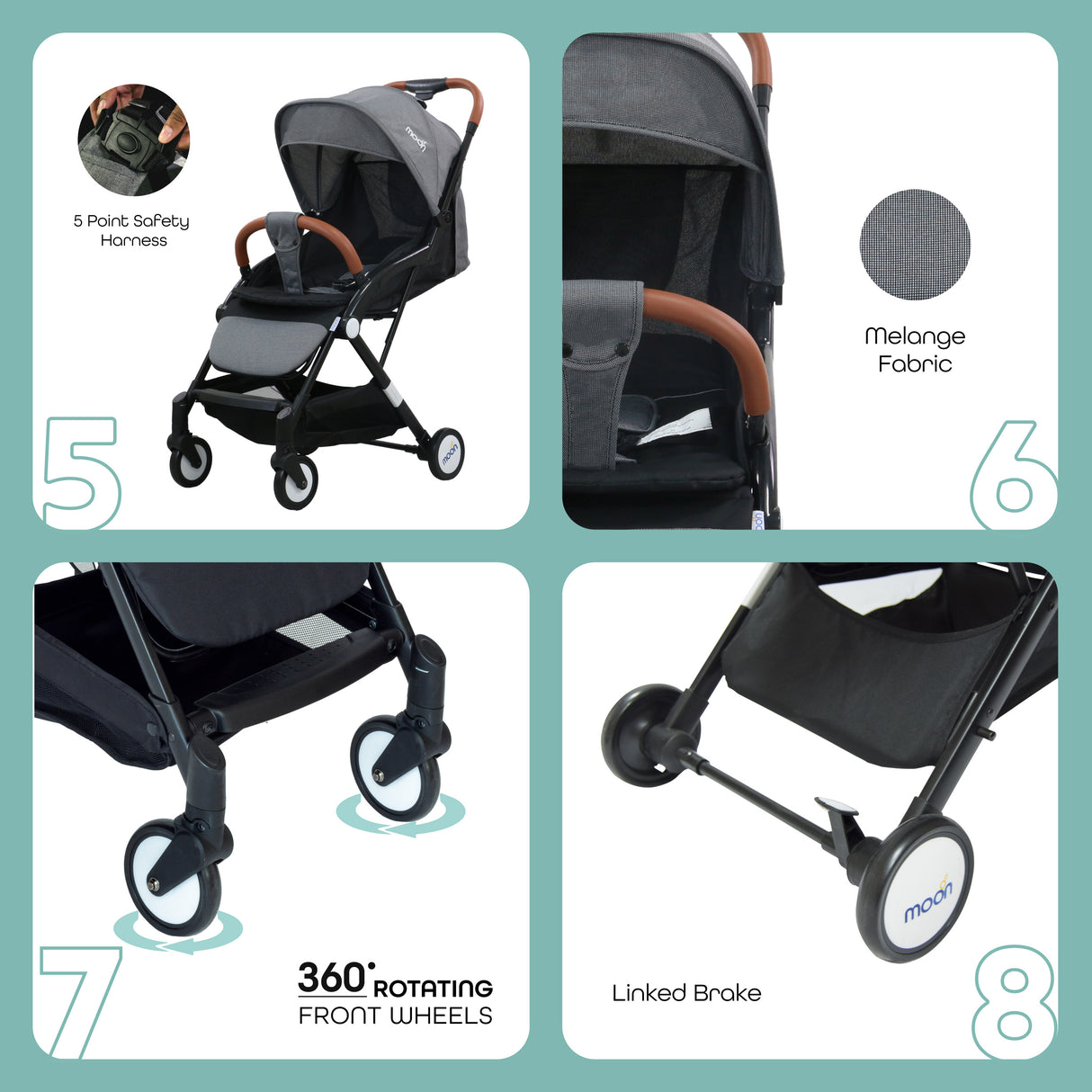 The Moon Brand Ritzi Cabin Stroller -Buggy - Inclusief Reistasje - Ultra-Compact en Automatisch Inklapbaar - Zwart / Grey Dots