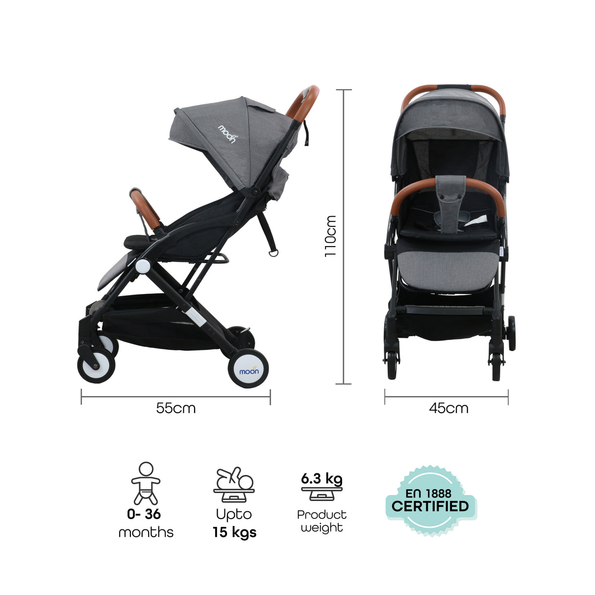 The Moon Brand Ritzi Cabin Stroller -Buggy - Inclusief Reistasje - Ultra-Compact en Automatisch Inklapbaar - Zwart / Grey Dots