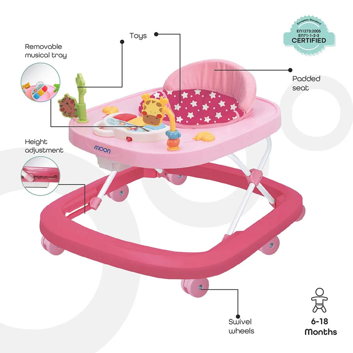 MOON™ Drive With Music Baby Walker - Looptrainer - Verstelbaar - Incl. Speel- en Muziekblad - Pink Forest