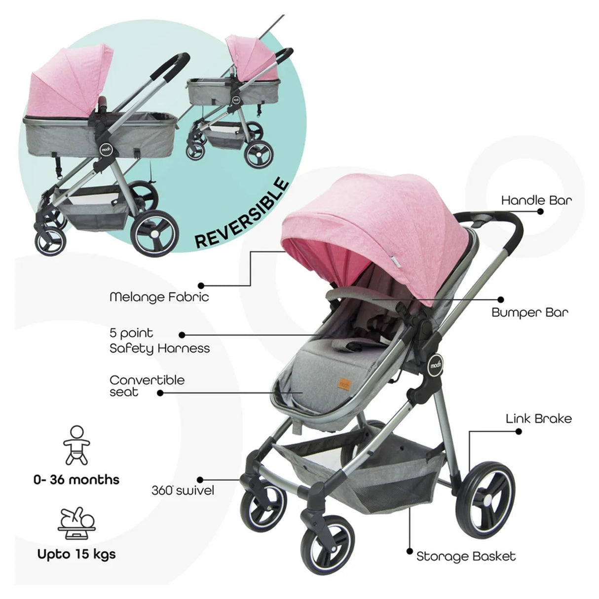 The Moon Brand™ Pro 2-in-1 Kinderwagen - Duo Wandelwagen en Wieg - Roze