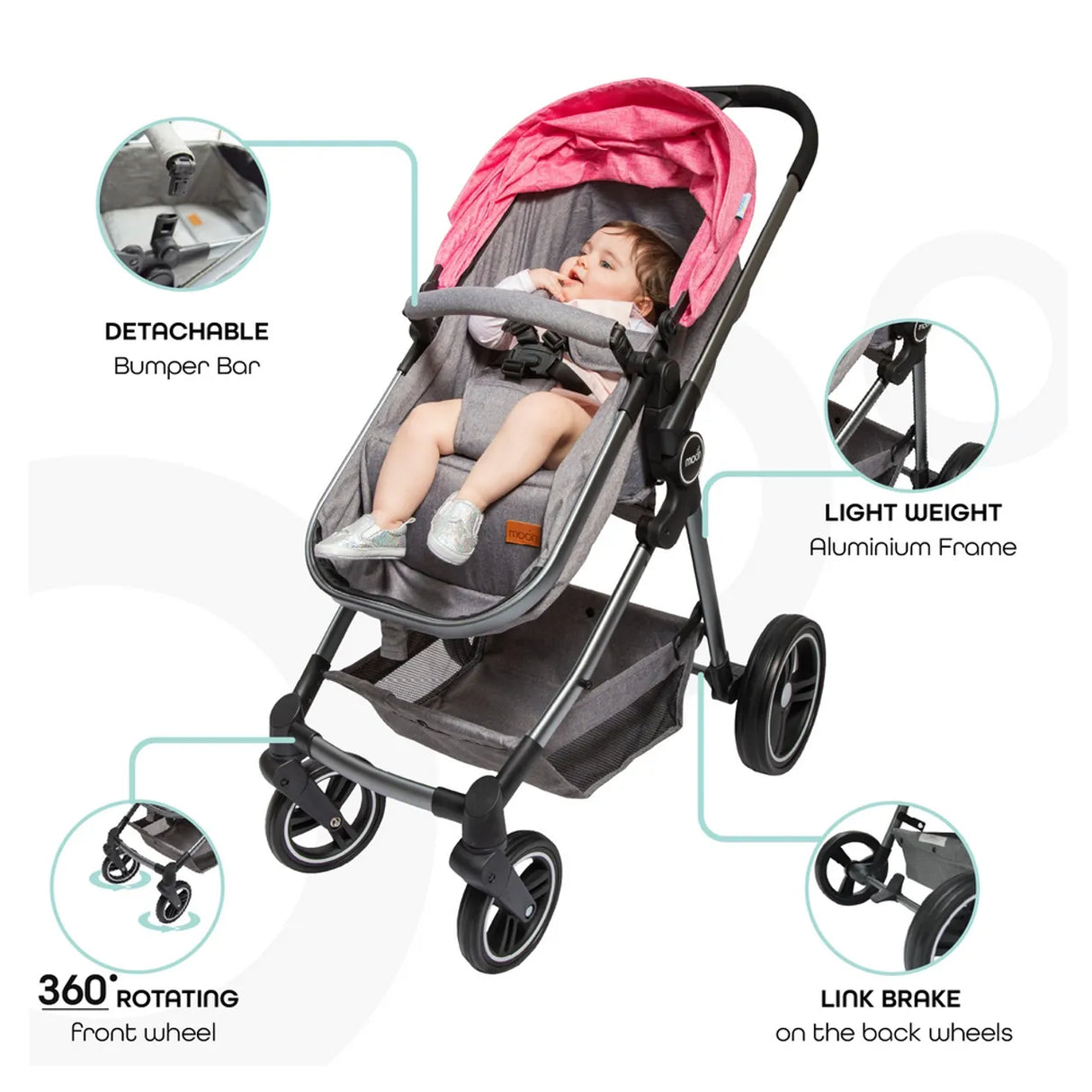 The Moon Brand™ Pro 2-in-1 Kinderwagen - Duo Wandelwagen en Wieg - Roze