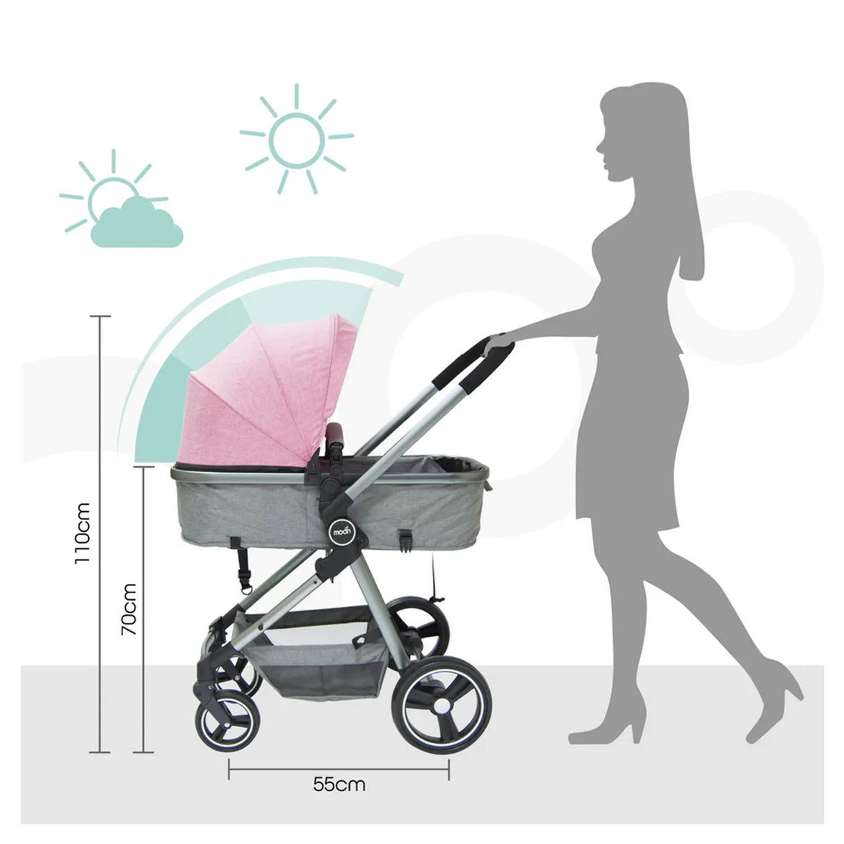 The Moon Brand™ Pro 2-in-1 Kinderwagen - Duo Wandelwagen en Wieg - Roze