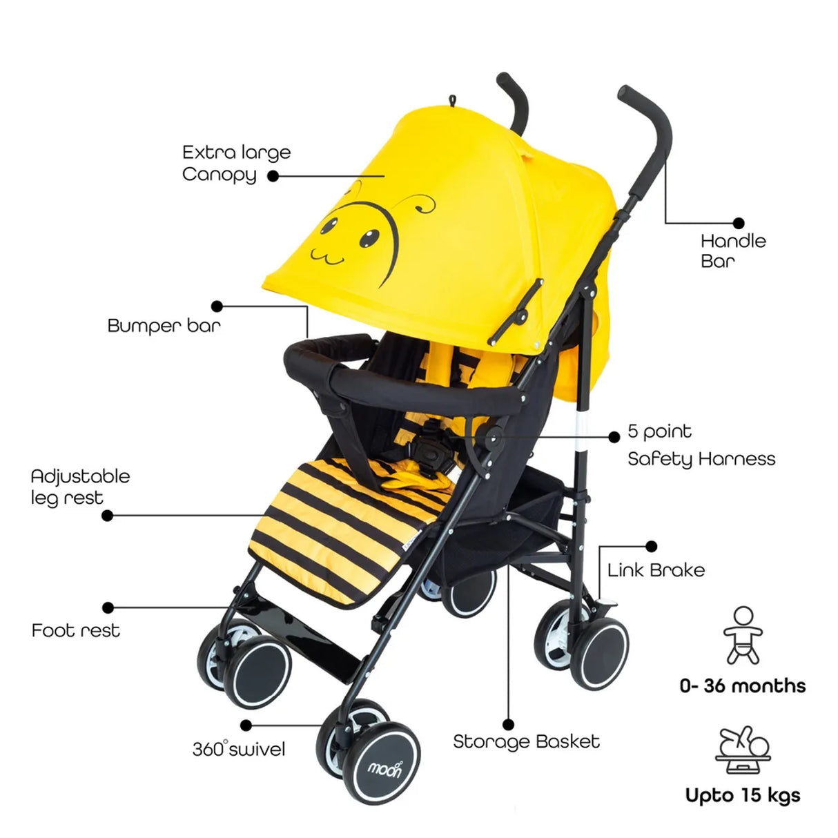 The Moon Brand™ Safari Ultra Light Weight Wandelwagen - Buggy - Automatisch Inklapbaar - Bee