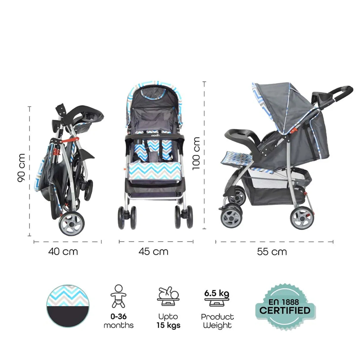 The Moon Brand™ Trek One Fold Wandelwagen - One Fold Opvouwbare Kinderwagen - Ultra-Compact - Blauw