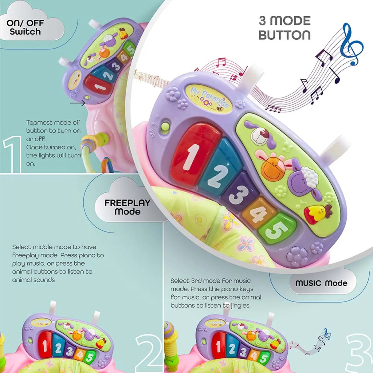The Moon Brand™ Baby Activity Center - Jump N' Play - Roze - 360 Graden Rotatie - Met Springbasis en Speeltjes