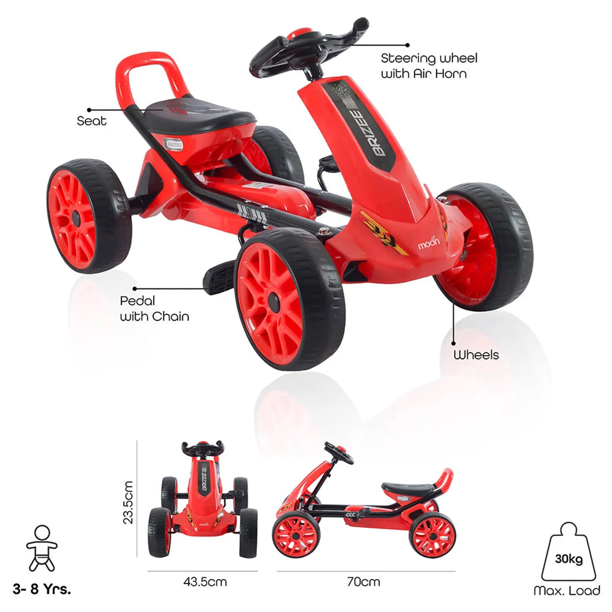 Moon™ Brizee Skelter - Pedal Go-Kart - Rood - Verstelbare Stoel en Stuur - Vooruit en Achteruit Beweging