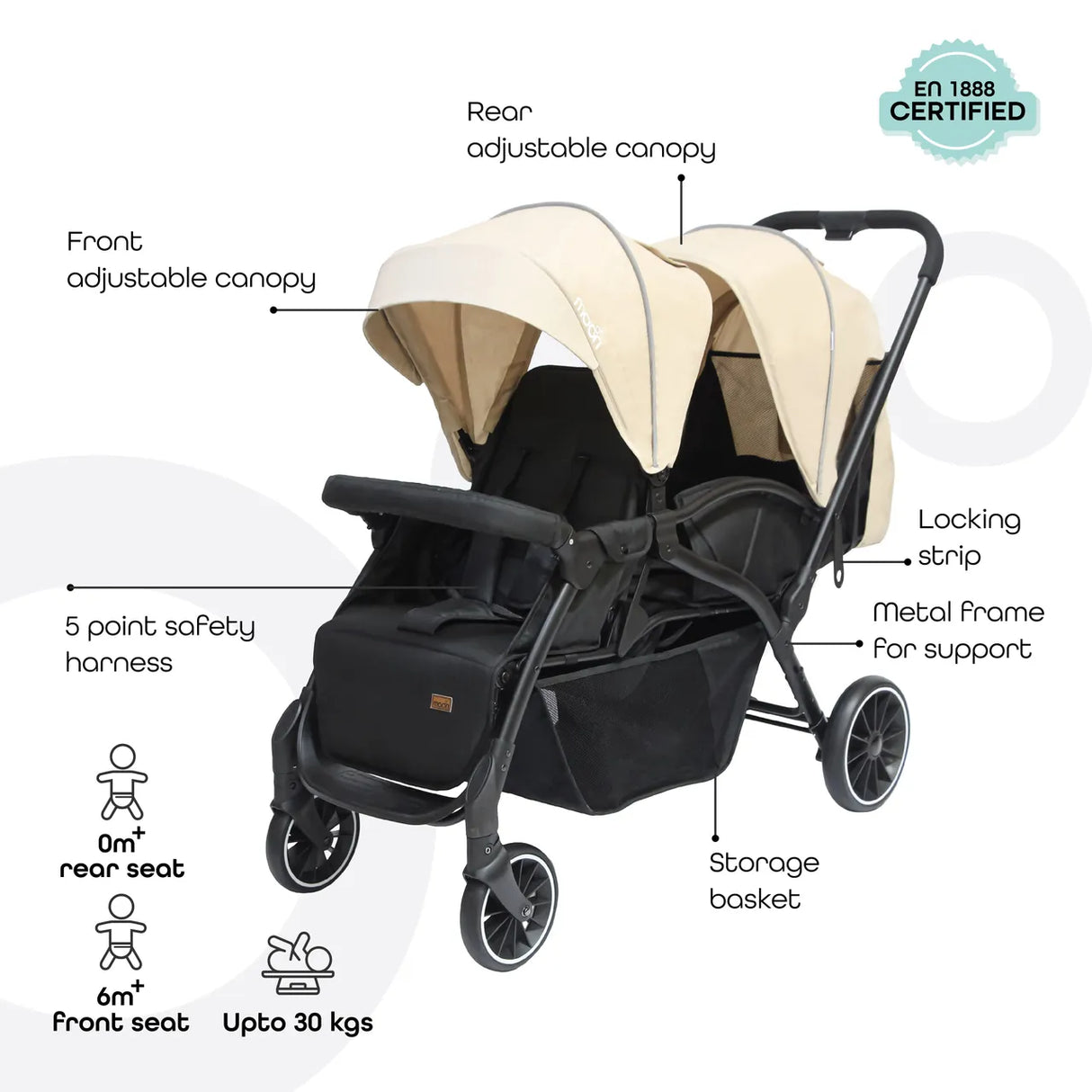 The Moon Brand™ Dois - Tweeling Kinderwagen - Duo Kinderwagen - Verstelbaar - Inclusief Accessoires - Beige