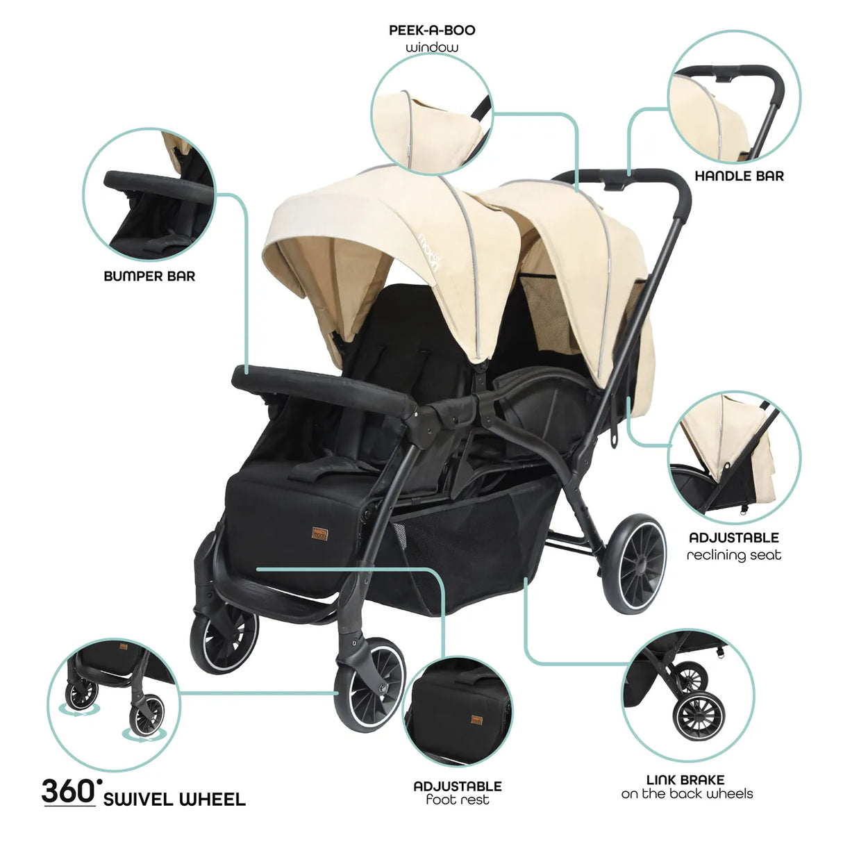 The Moon Brand™ Dois - Tweeling Kinderwagen - Duo Kinderwagen - Verstelbaar - Inclusief Accessoires - Beige
