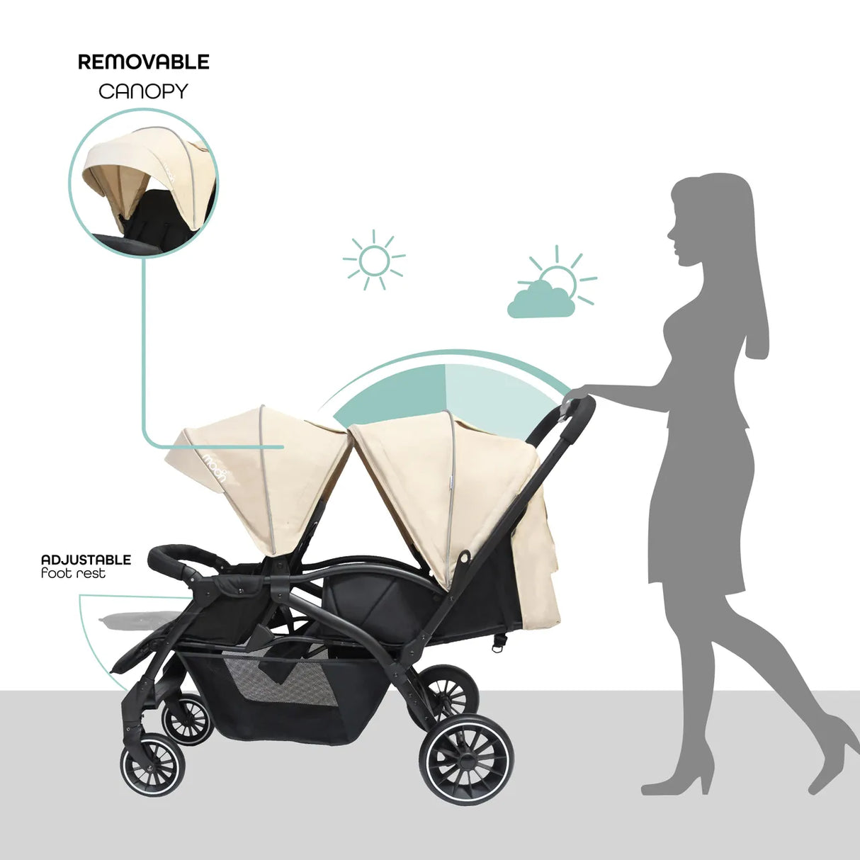 The Moon Brand™ Dois - Tweeling Kinderwagen - Duo Kinderwagen - Verstelbaar - Inclusief Accessoires - Beige