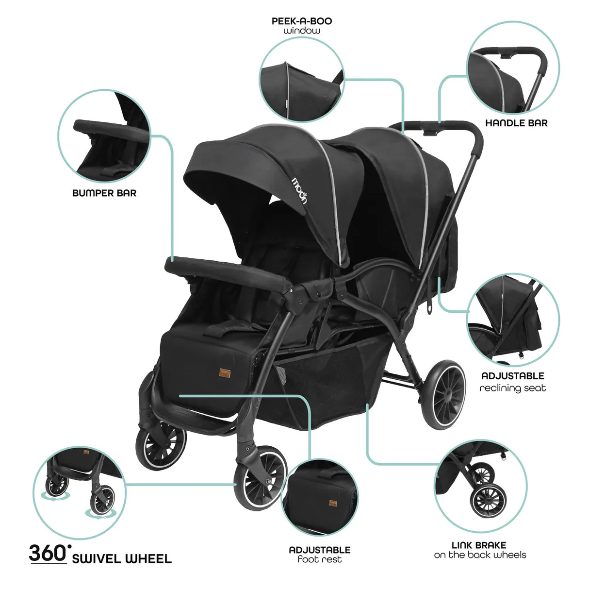 The Moon Brand™ Dois - Tweeling Kinderwagen - Duo Kinderwagen - Verstelbaar - Inclusief Accessoires - Zwart