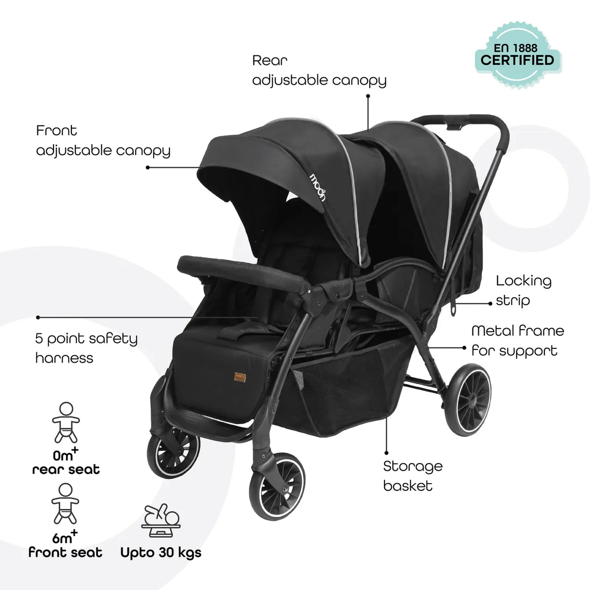 The Moon Brand™ Dois - Tweeling Kinderwagen - Duo Kinderwagen - Verstelbaar - Inclusief Accessoires - Zwart