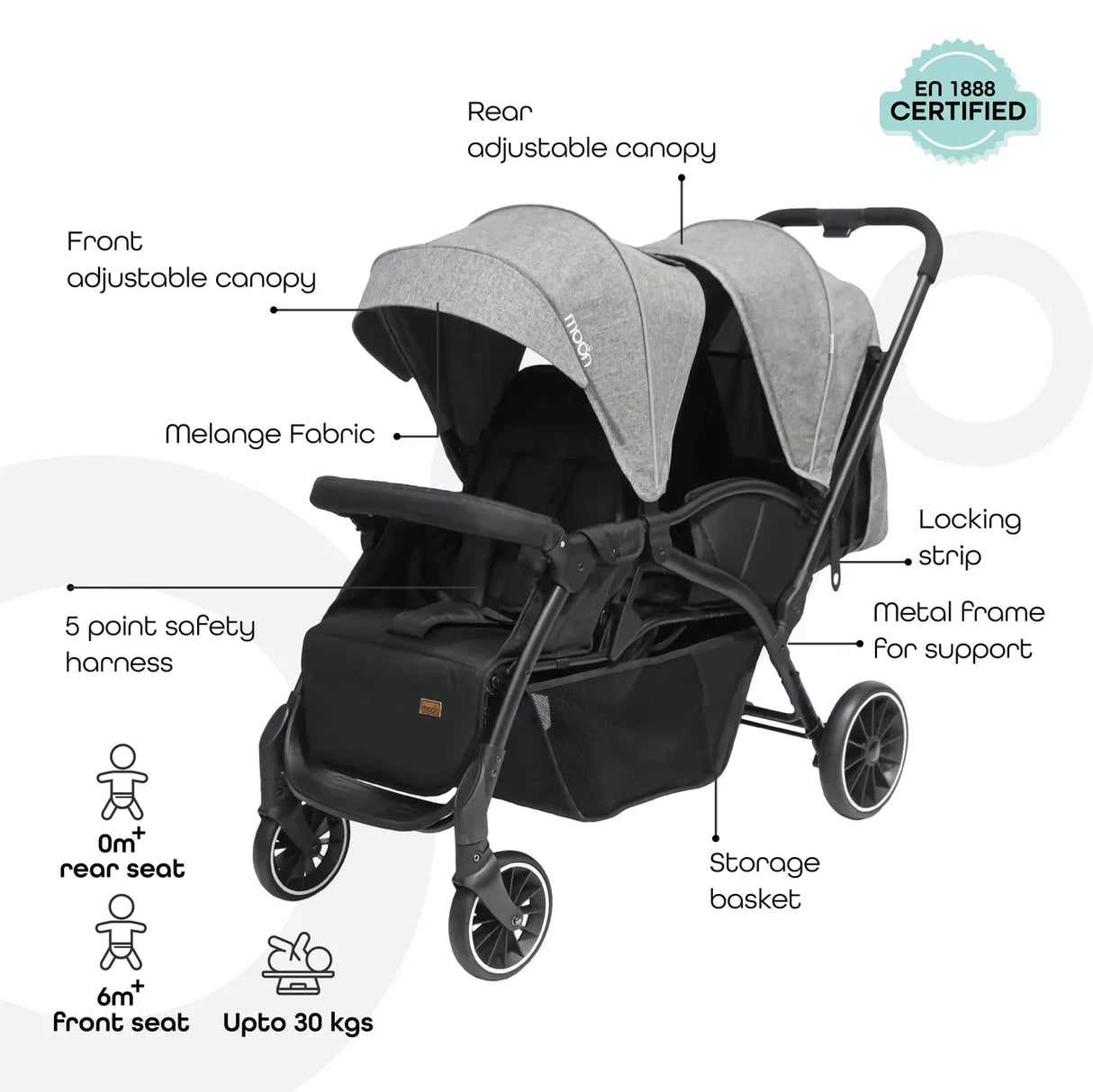 The Moon Brand™ Dois - Tweeling Kinderwagen - Duo Kinderwagen - Verstelbaar - Inclusief Accessoires - Grijs