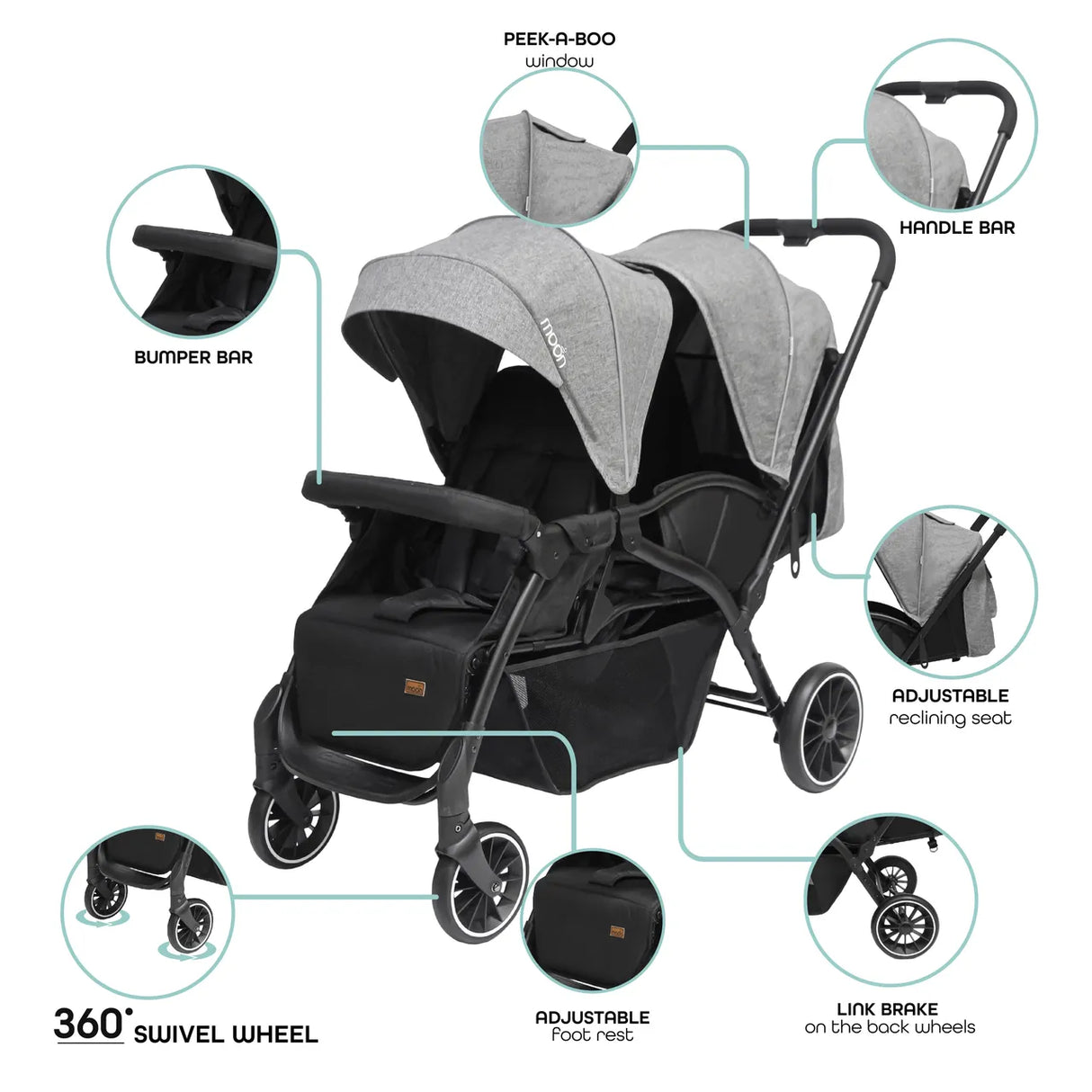 The Moon Brand™ Dois - Tweeling Kinderwagen - Duo Kinderwagen - Verstelbaar - Inclusief Accessoires - Grijs