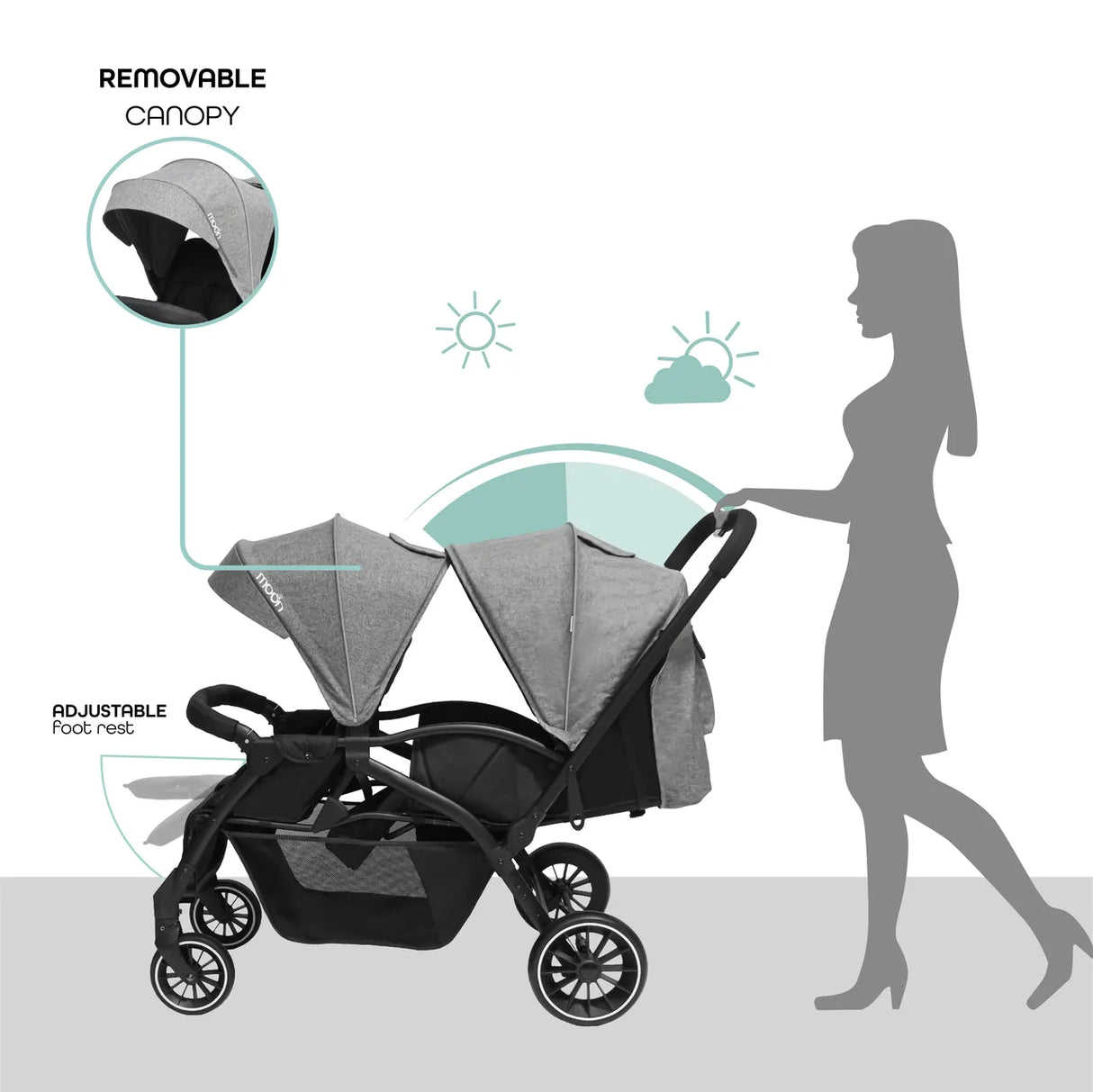 The Moon Brand™ Dois - Tweeling Kinderwagen - Duo Kinderwagen - Verstelbaar - Inclusief Accessoires - Grijs