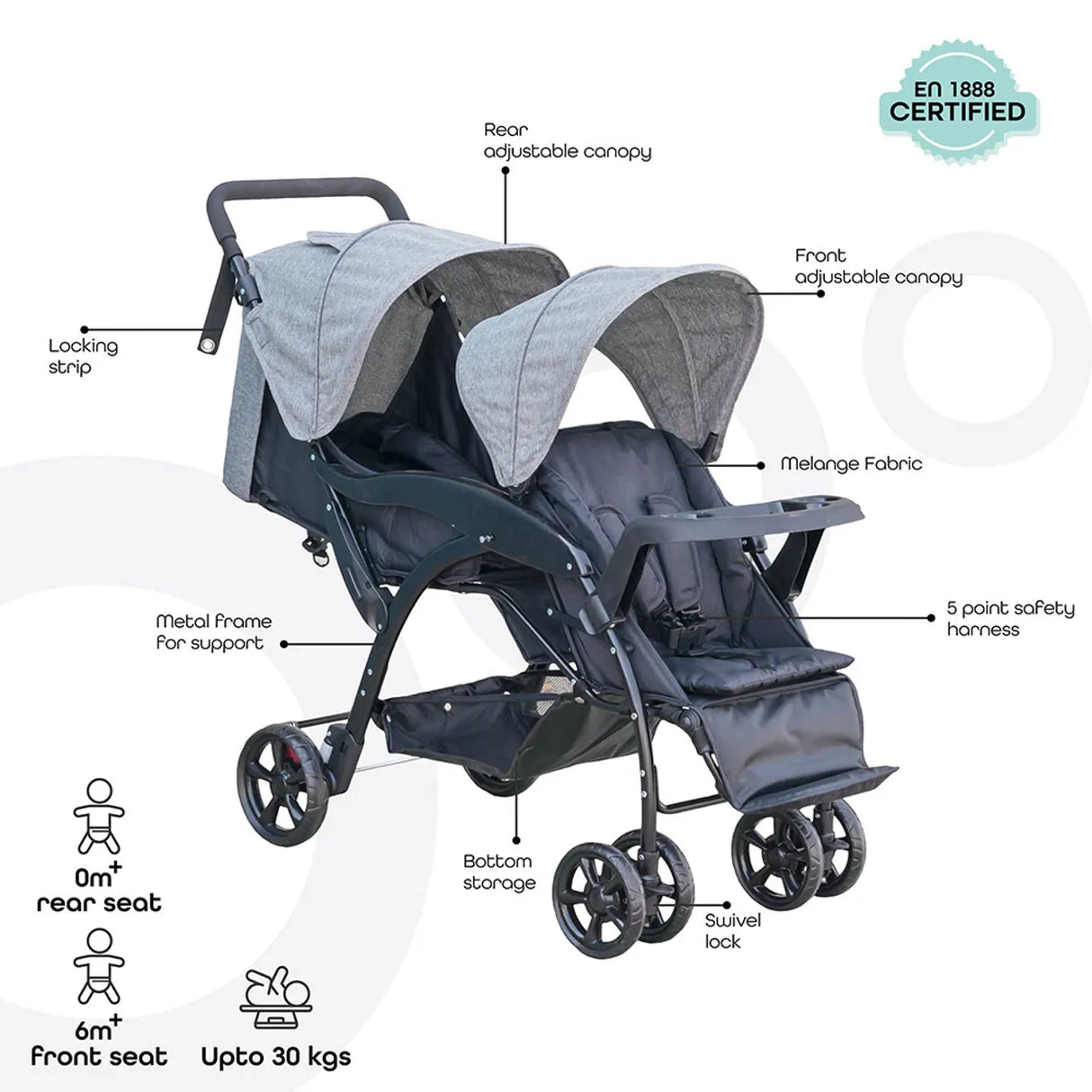 The Moon Brand™ Dois - Tweeling Kinderwagen - Duo Kinderwagen - Verstelbaar - Inclusief Accessoires - Grijs
