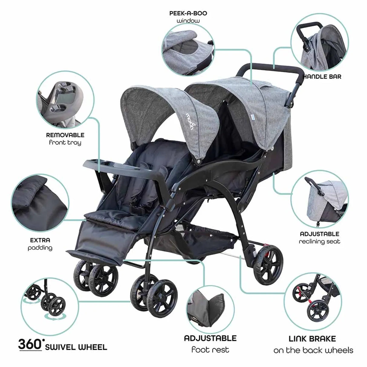 The Moon Brand™ Dois - Tweeling Kinderwagen - Duo Kinderwagen - Verstelbaar - Inclusief Accessoires - Grijs