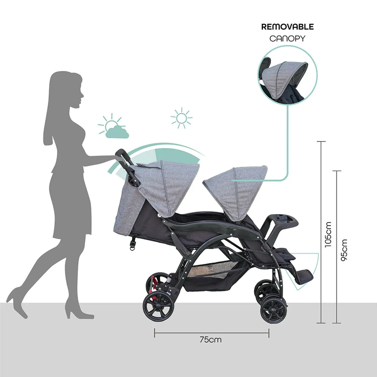 The Moon Brand™ Dois - Tweeling Kinderwagen - Duo Kinderwagen - Verstelbaar - Inclusief Accessoires - Grijs