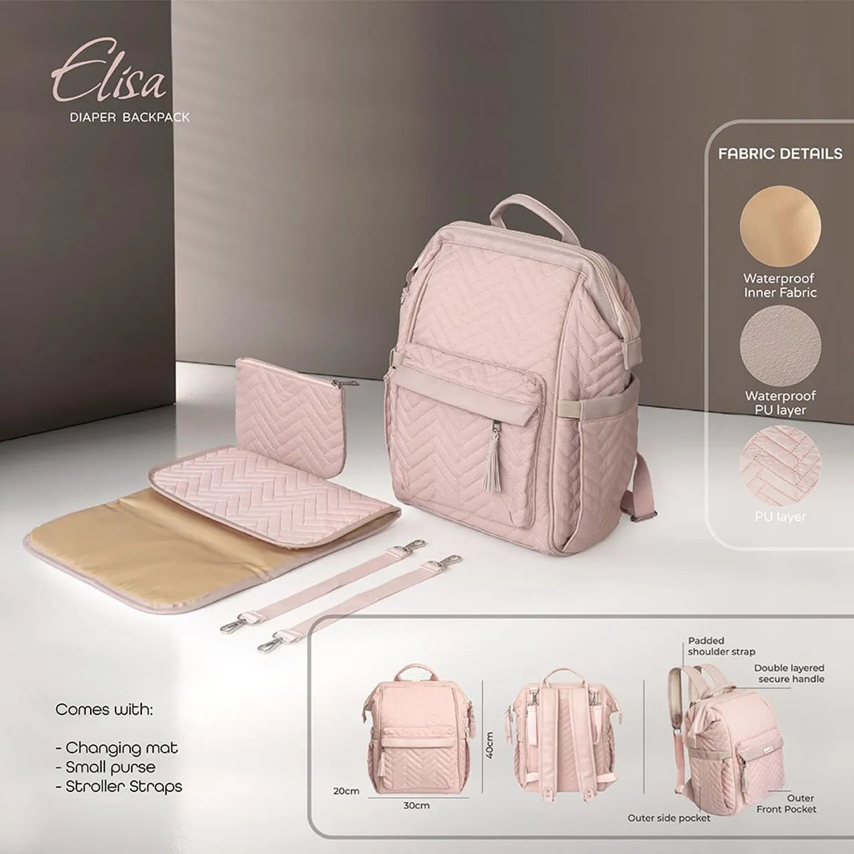 Moon™ Elisa - Luxe Luiertas - Inclusief Extra Tasje, Verschoonmatje en Kinderwagenclips - Roze