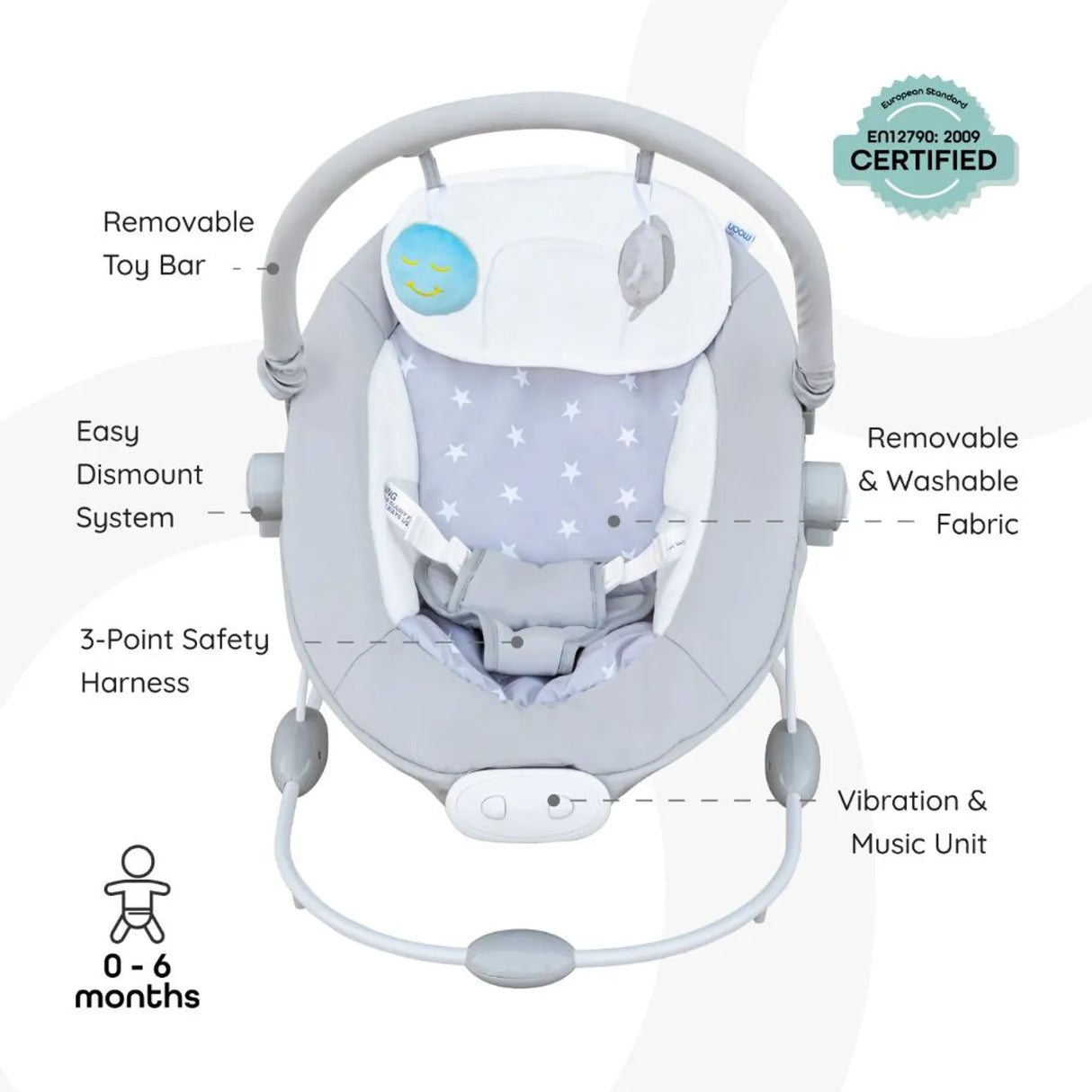 Moon™ Hopper Baby Bouncer - Babyschommel - Verstelbare Posities - Speelboog - Grijs Ster