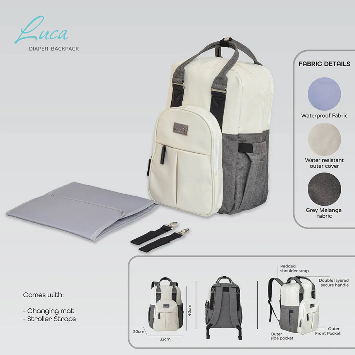 Moon™ Luca - Luierrugzak - Inclusief Extra Tasje, Verschoonmatje en Kinderwagenclips - Beige/Grijs