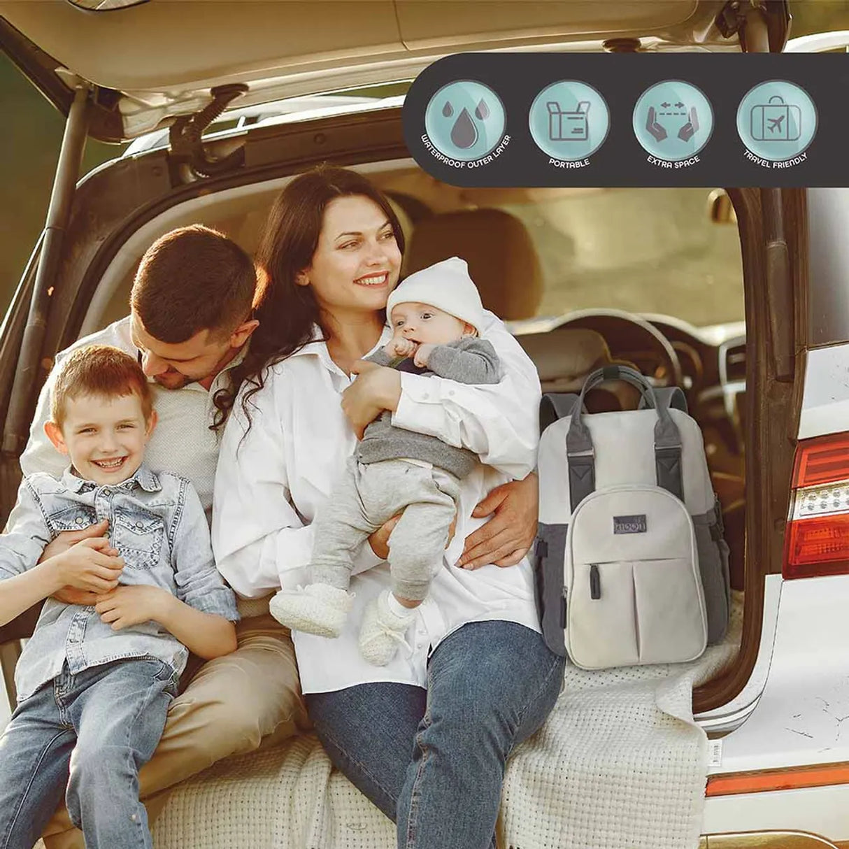 Moon™ Luca - Luierrugzak - Inclusief Extra Tasje, Verschoonmatje en Kinderwagenclips - Beige/Grijs