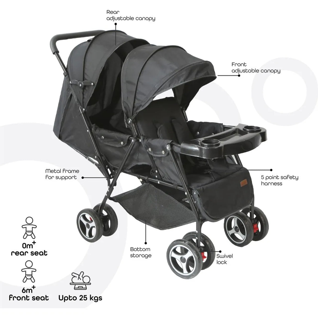 The Moon Brand™ Magnum Tandem Duo Kinderwagen - Tweeling Kinderwagen - Duo Kinderwagen - EasyFold - Inclusief Accessoires - Zwart