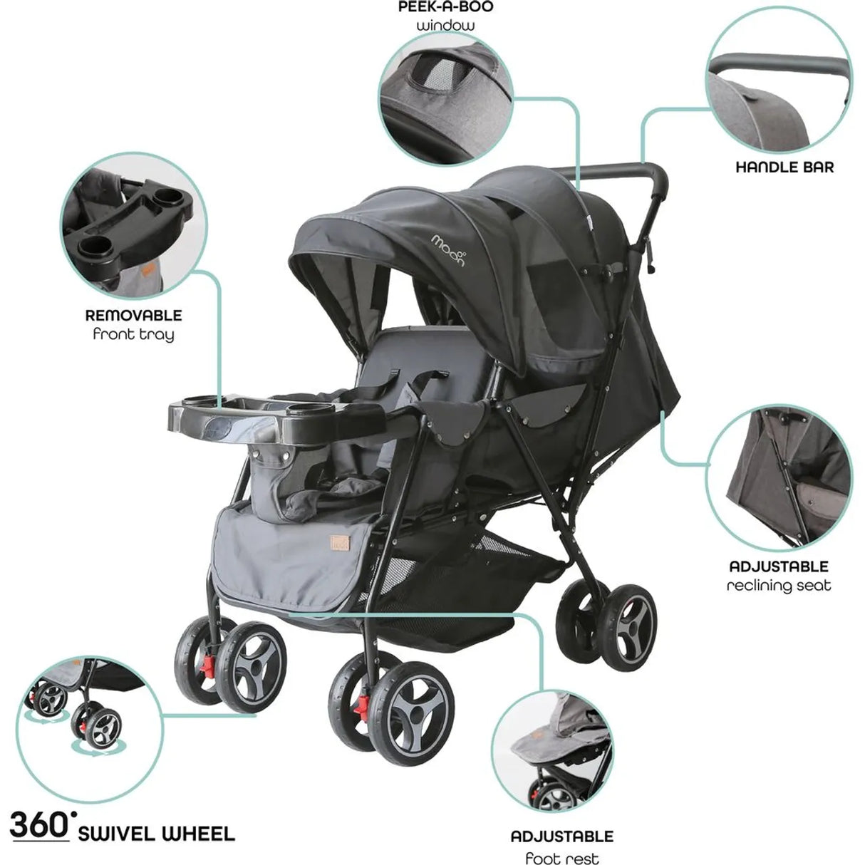 The Moon Brand™ Magnum Tandem Duo Kinderwagen - Tweeling Kinderwagen - Duo Kinderwagen - EasyFold - Inclusief Accessoires - Zwart