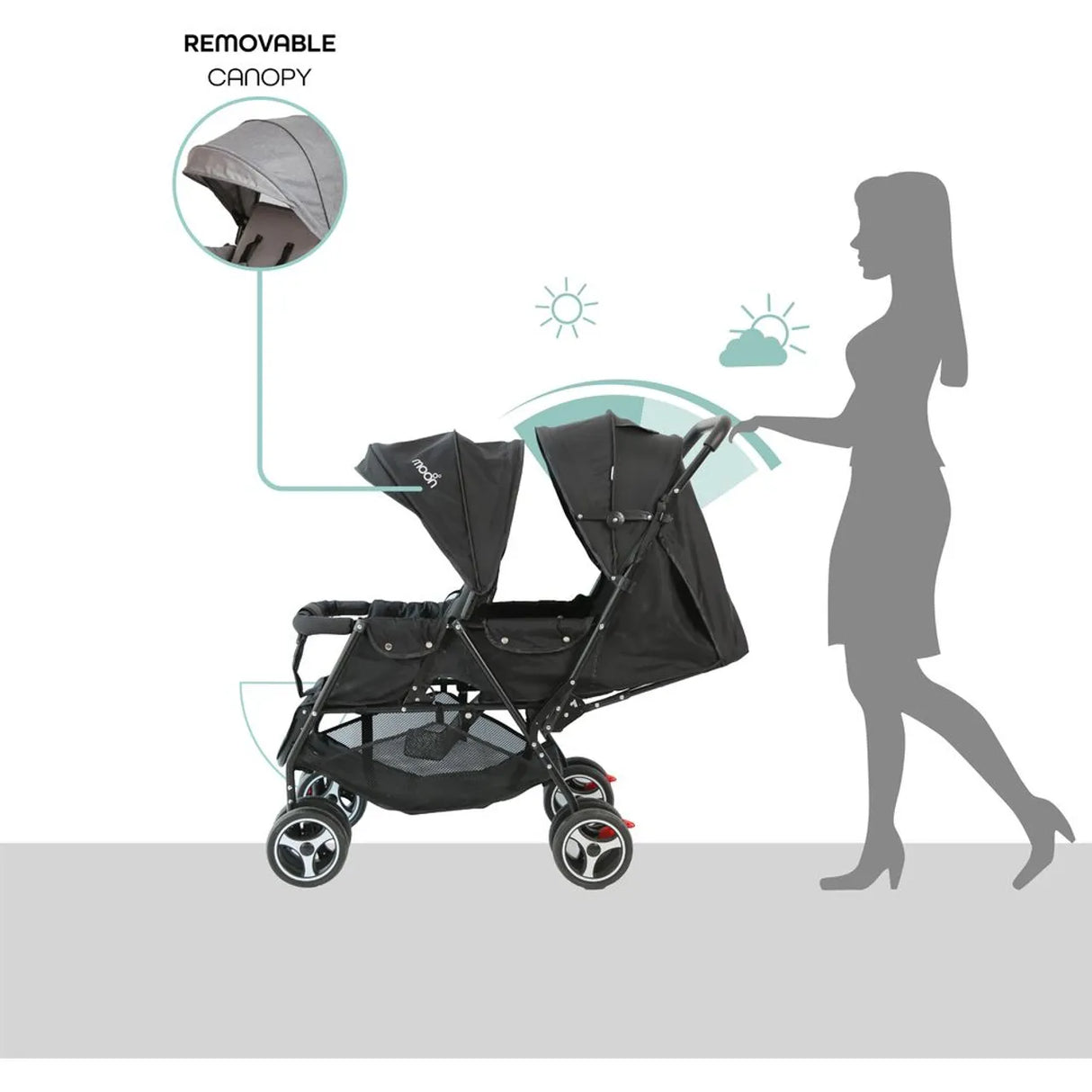 The Moon Brand™ Magnum Tandem Duo Kinderwagen - Tweeling Kinderwagen - Duo Kinderwagen - EasyFold - Inclusief Accessoires - Zwart