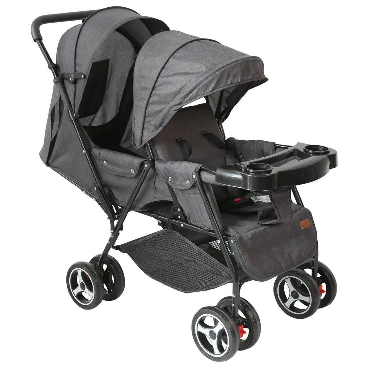 The Moon Brand™ Magnum Tandem Duo Kinderwagen - Tweeling Kinderwagen - Duo Kinderwagen - EasyFold - Inclusief Accessoires - Grijs Dots