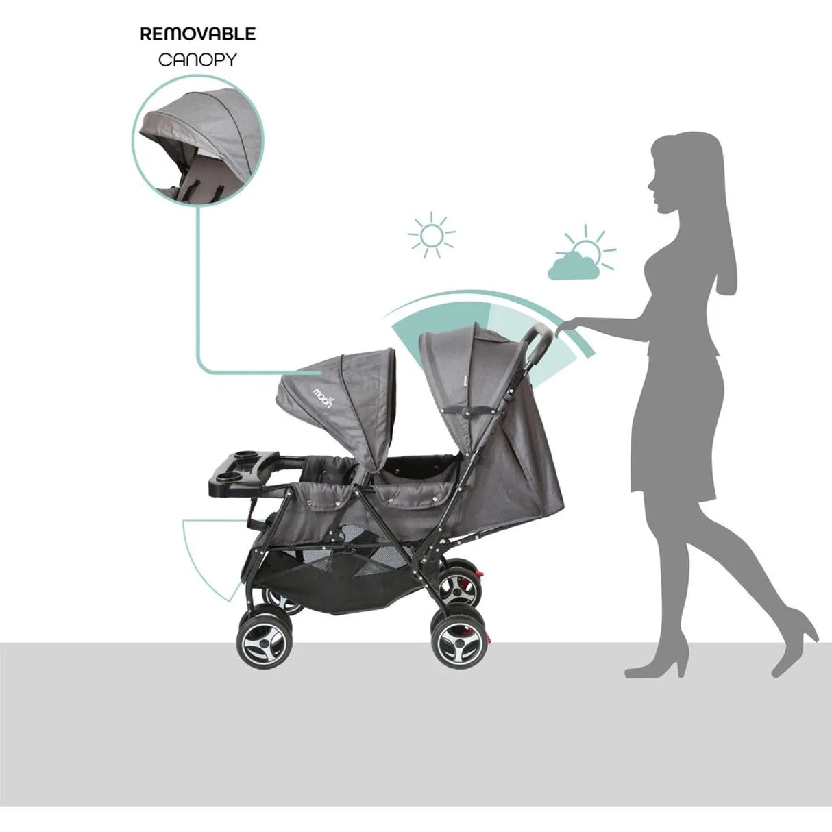 The Moon Brand™ Magnum Tandem Duo Kinderwagen - Tweeling Kinderwagen - Duo Kinderwagen - EasyFold - Inclusief Accessoires - Grijs Dots