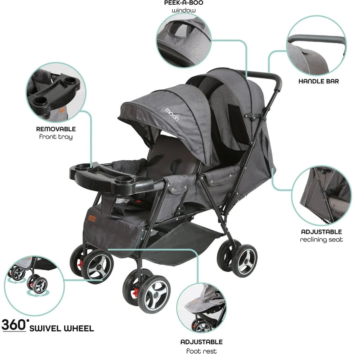 The Moon Brand™ Magnum Tandem Duo Kinderwagen - Tweeling Kinderwagen - Duo Kinderwagen - EasyFold - Inclusief Accessoires - Grijs Dots