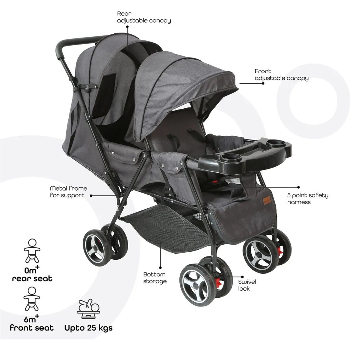 The Moon Brand™ Magnum Tandem Duo Kinderwagen - Tweeling Kinderwagen - Duo Kinderwagen - EasyFold - Inclusief Accessoires - Grijs Dots