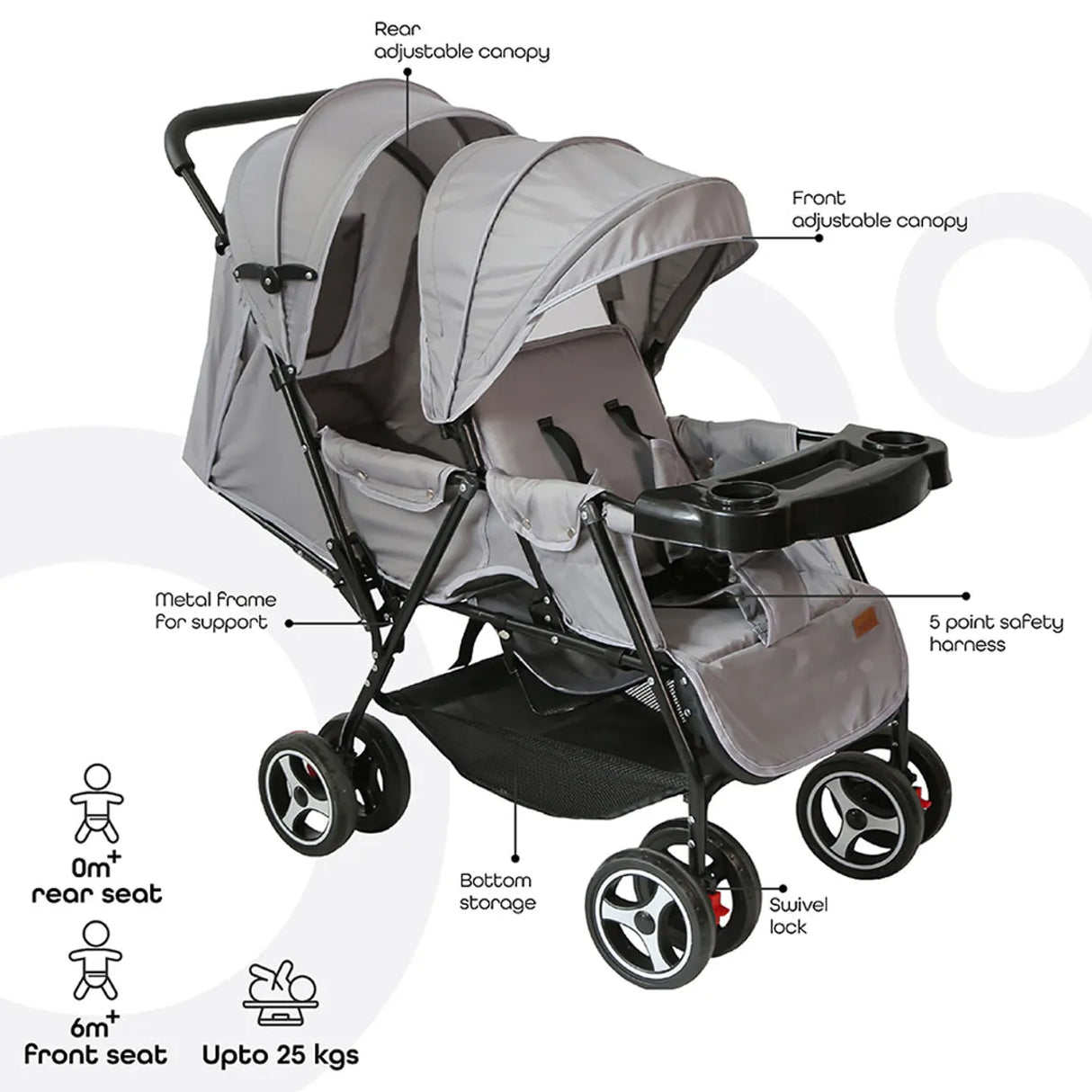 The Moon Brand™ Magnum Tandem Duo Kinderwagen - Tweeling Kinderwagen - Duo Kinderwagen - EasyFold - Inclusief Accessoires - Lichtgrijs
