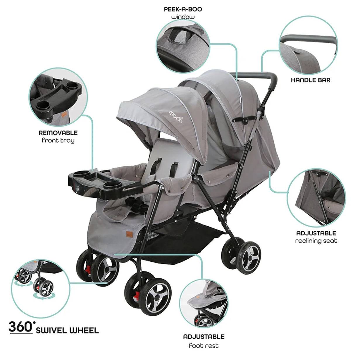 The Moon Brand™ Magnum Tandem Duo Kinderwagen - Tweeling Kinderwagen - Duo Kinderwagen - EasyFold - Inclusief Accessoires - Lichtgrijs