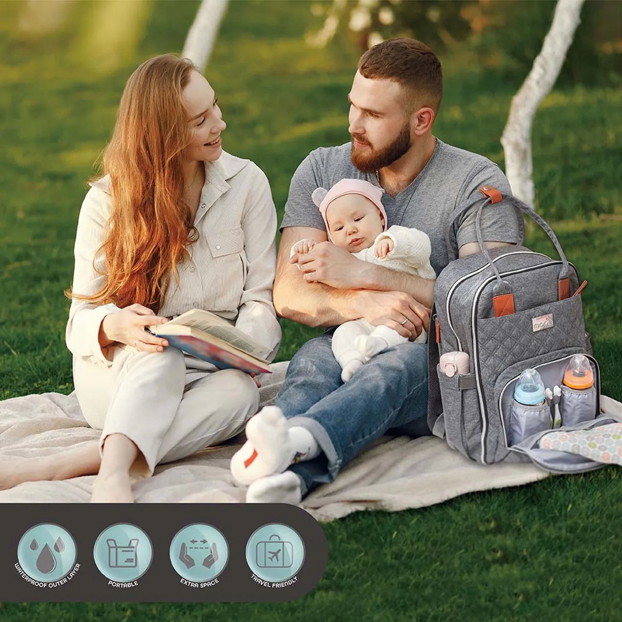 Moon™ Nutra - Luierrugzak - Inclusief Extra Tasje, Verschoonmatje, Kinderwagenclips en USB-oplaadpoort - Grijs met Kunstleer Accenten
