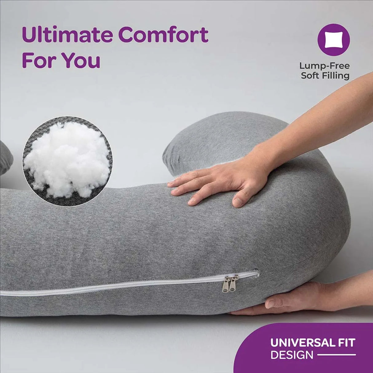 Moon™ Organisch C-Vormig Zwangerschapskussen - XL Lichaamskussen - Zijslaap- en Voedingskussen - Lichtgrijs