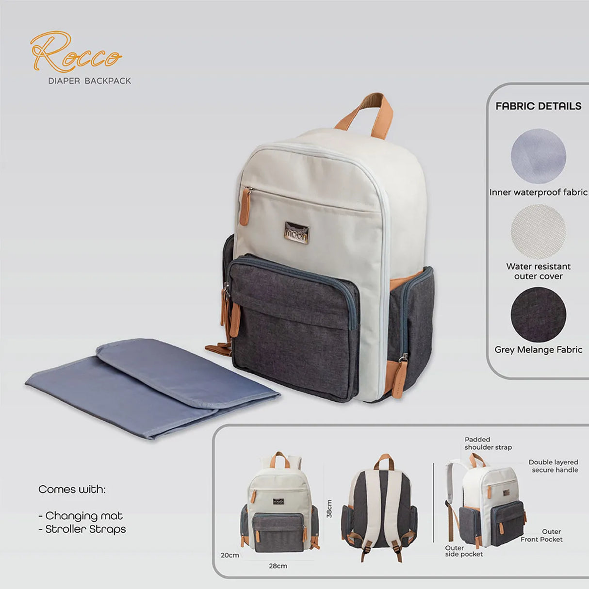 Moon™ Rocco - Diaper Backpack - Including Extra Bag, Changing Mat and Stroller Clips - Beige Dark Gray