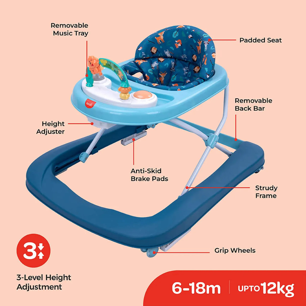 MOON™ Stride Baby Walker - Looptrainer - Verstelbaar - Incl. Muziek- en Voedseldienblad - Blauw