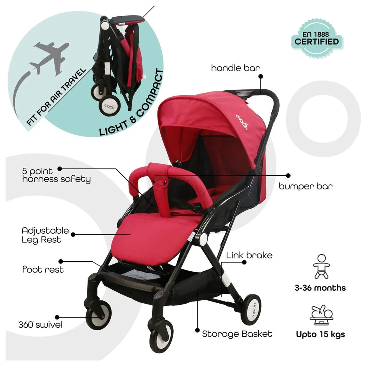 MOON™ Travel Light Compact Wandelwagen - Lichtgewicht en Opvouwbaar - Vuur Rood