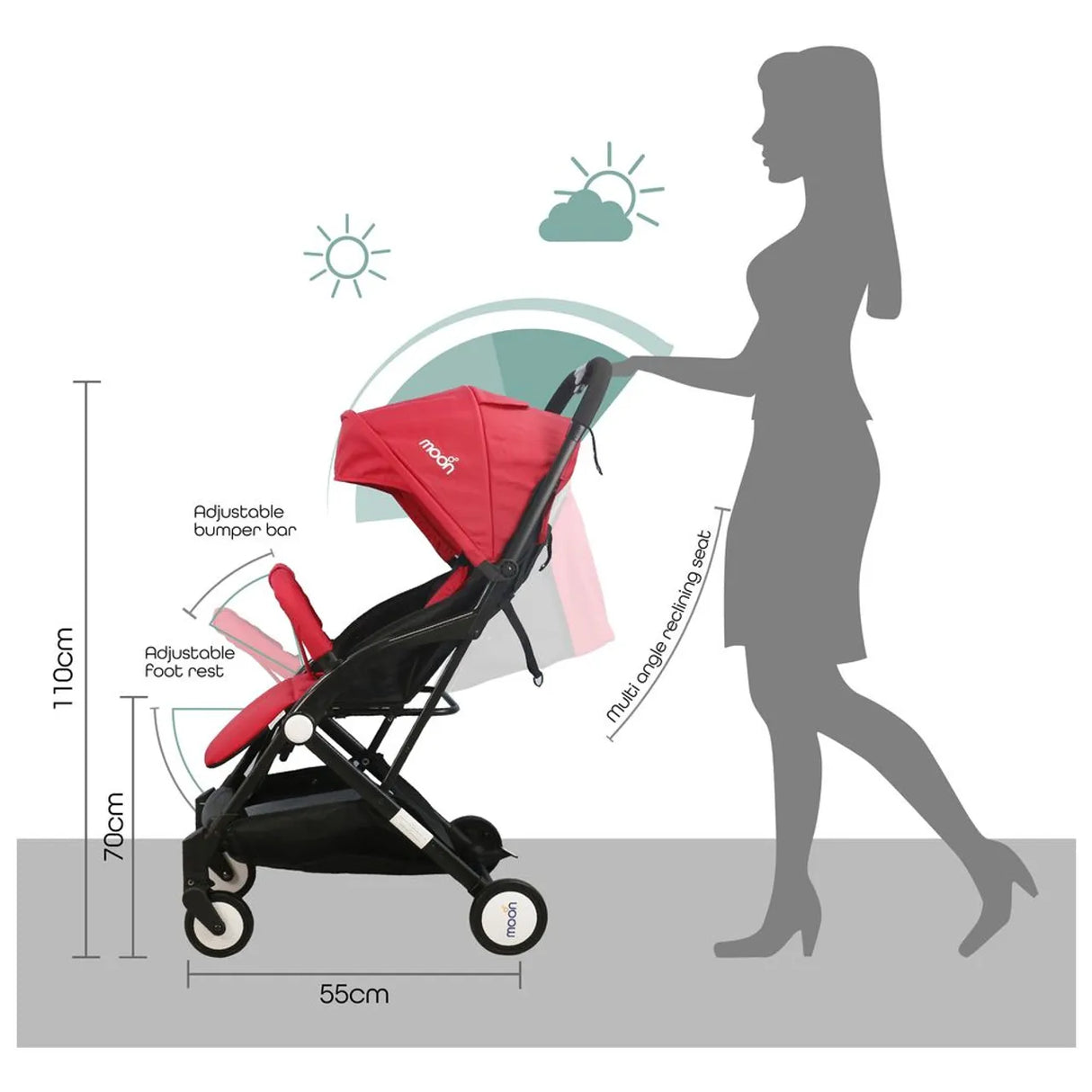 MOON™ Travel Light Compact Wandelwagen - Lichtgewicht en Opvouwbaar - Vuur Rood