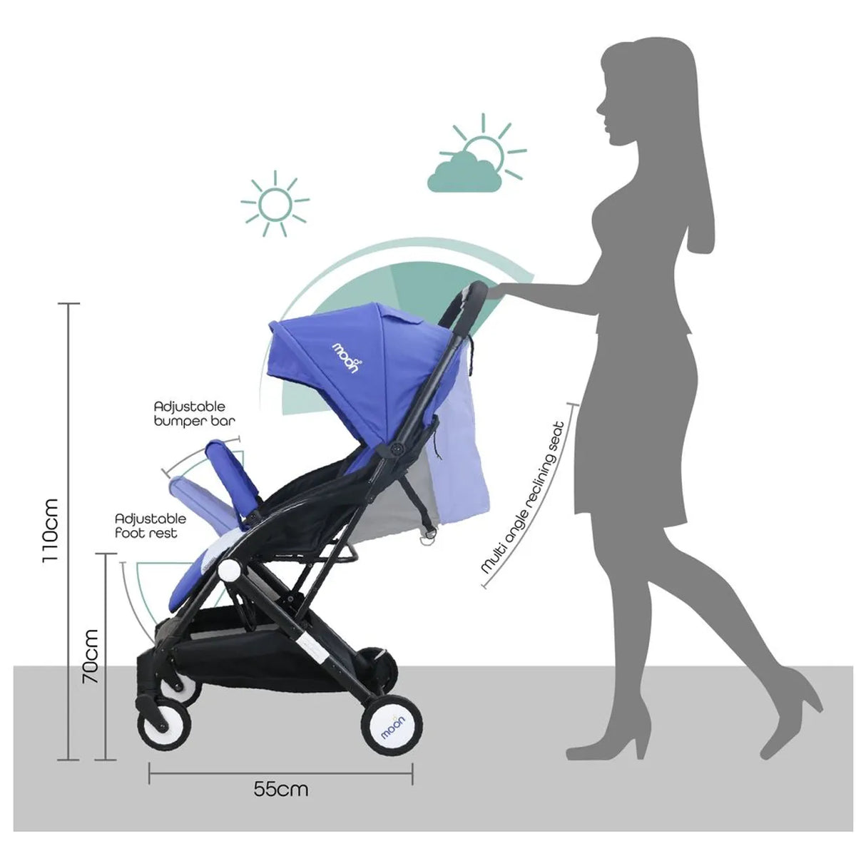 MOON™ Travel Light Compact Wandelwagen - Lichtgewicht en Opvouwbaar - Royal Blauw